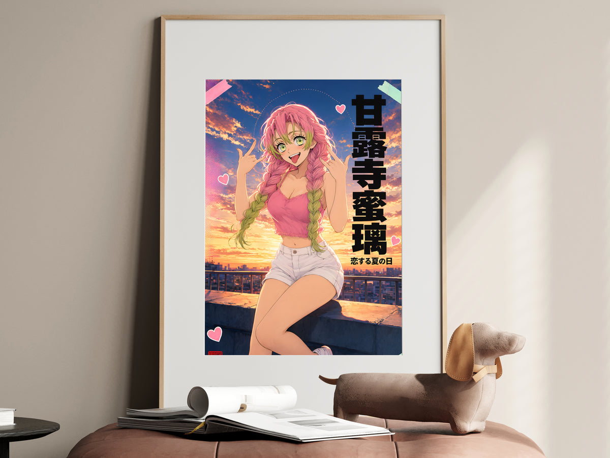 Demon Slayer Mitsuri Sunset Rooftop Rock On Anime Poster — i01467
