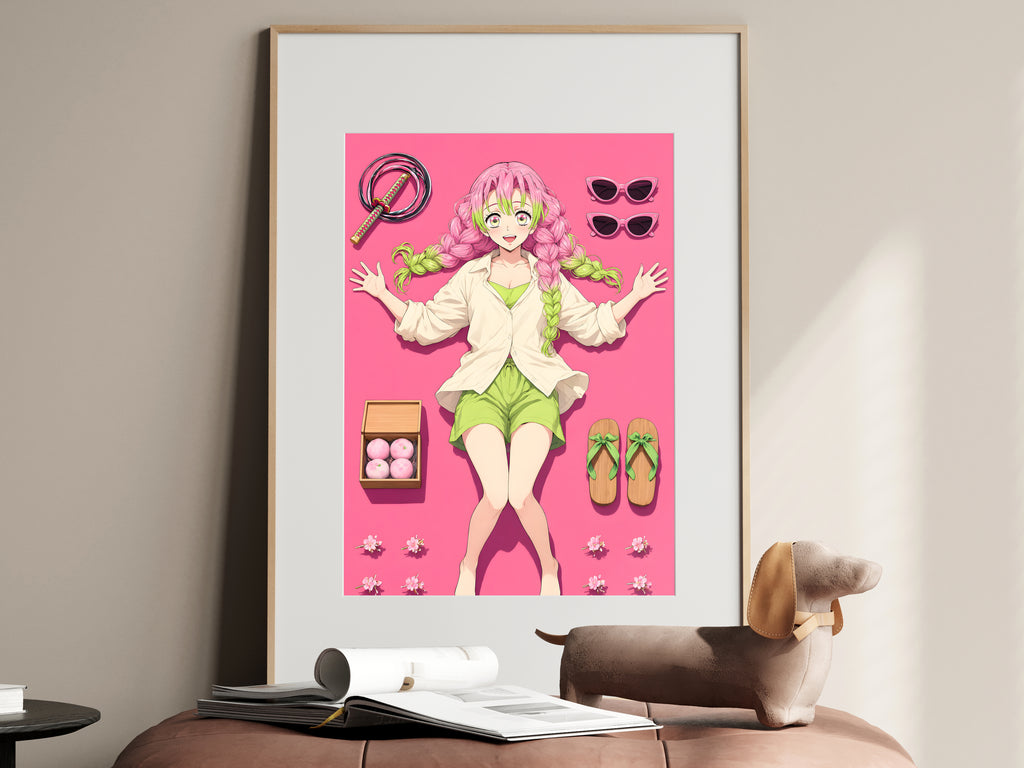Demon Slayer Mitsuri Pink Flatlay Editorial Anime Poster — i01467