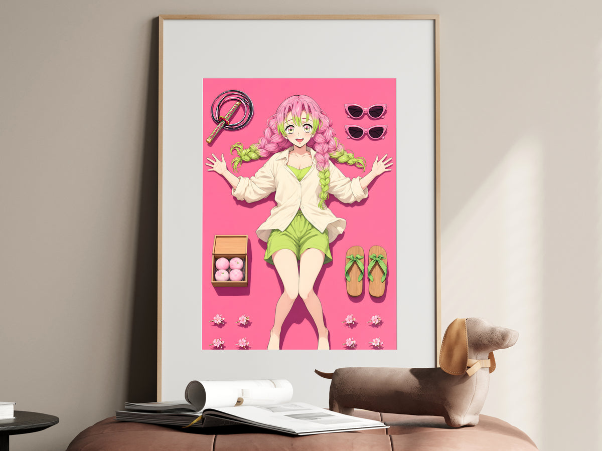 Demon Slayer Mitsuri Pink Flatlay Editorial Anime Poster — i01467