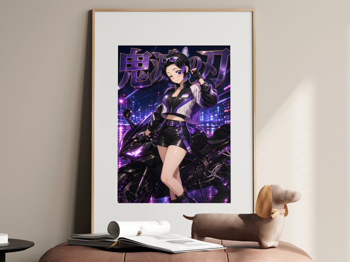 Demon Slayer Shinobu Purple Neon Motorcycle Anime Poster — i01467