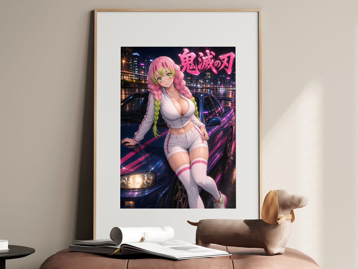 Demon Slayer Mitsuri Neon Skyline Sports Car Anime Poster — i01467