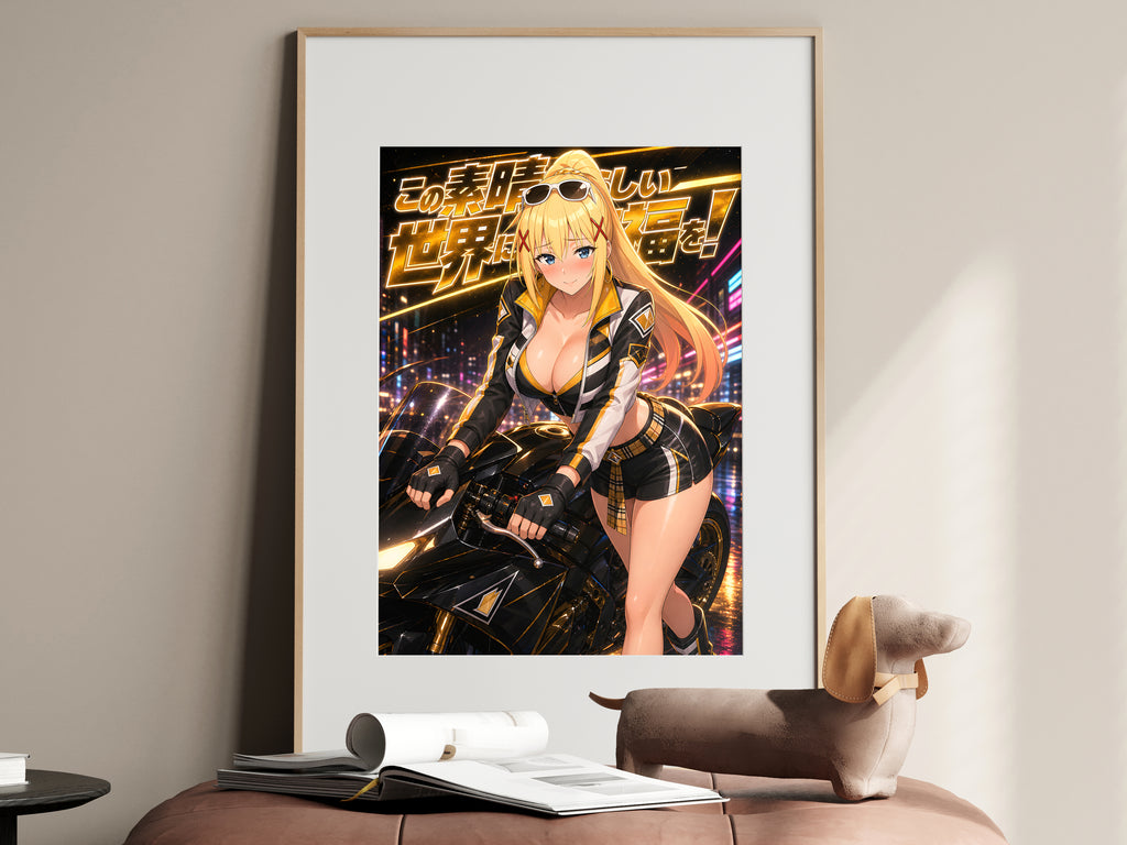 KonoSuba Darkness Black Gold Motorcycle Anime Poster — i01467