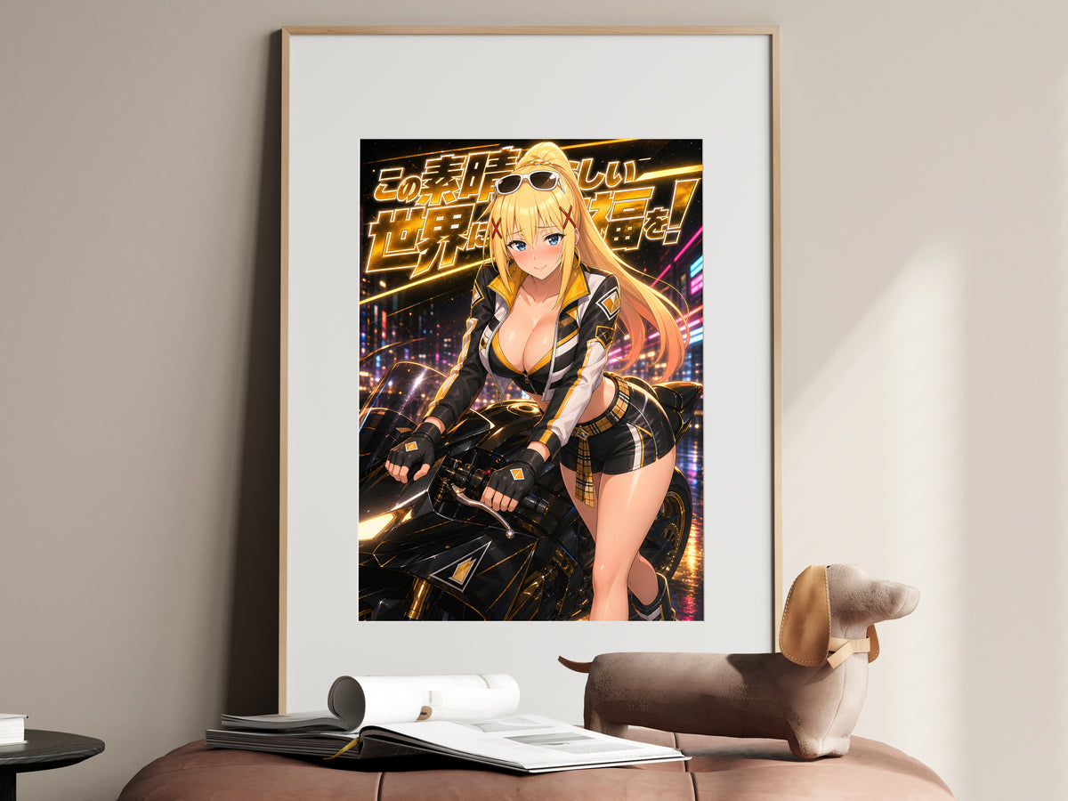 KonoSuba Darkness Black Gold Motorcycle Anime Poster — i01467