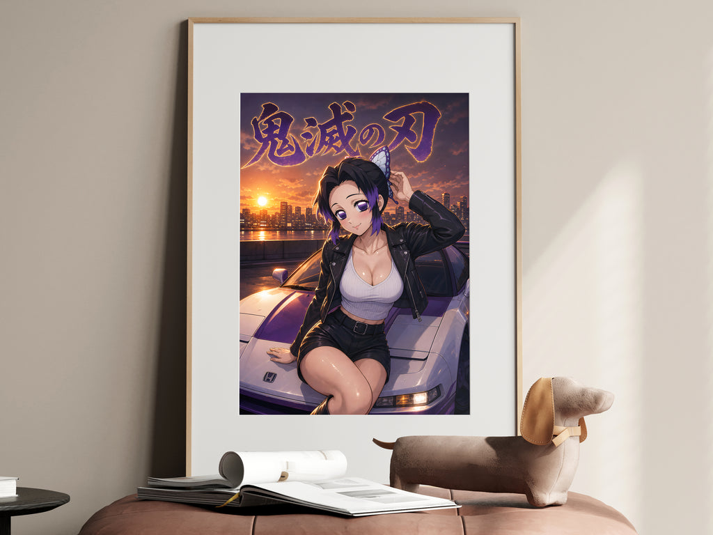 Demon Slayer Shinobu Sunset Sports Car Anime Poster — i01467
