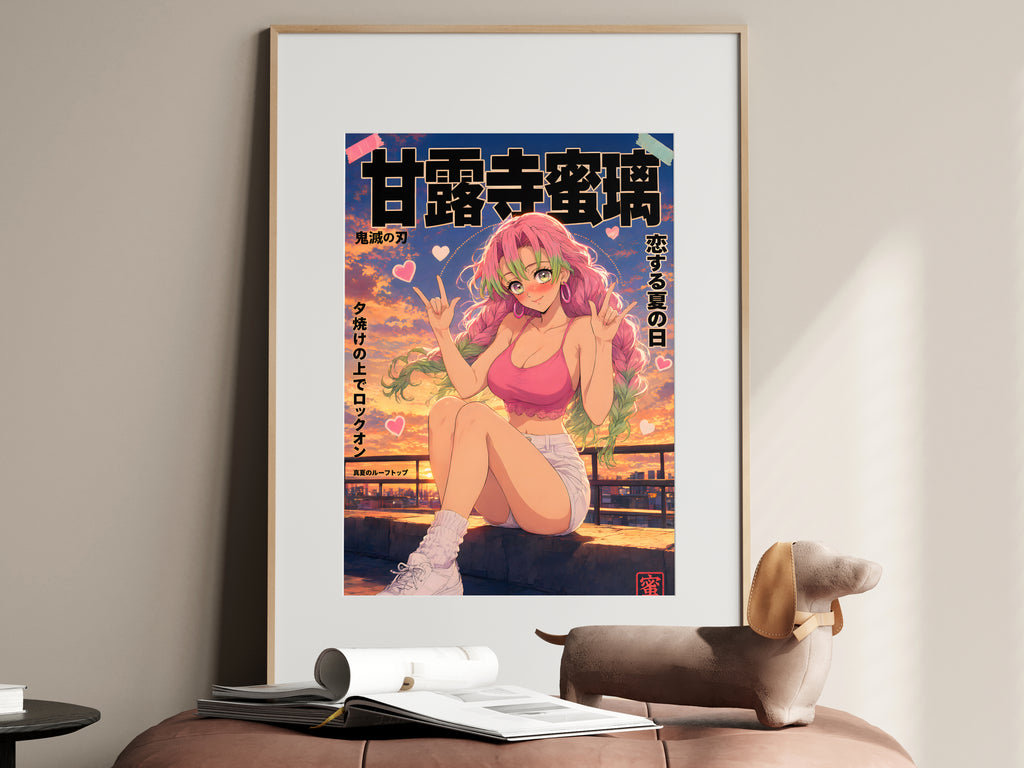 Demon Slayer Mitsuri Rooftop Peace Signs Anime Poster — i01467