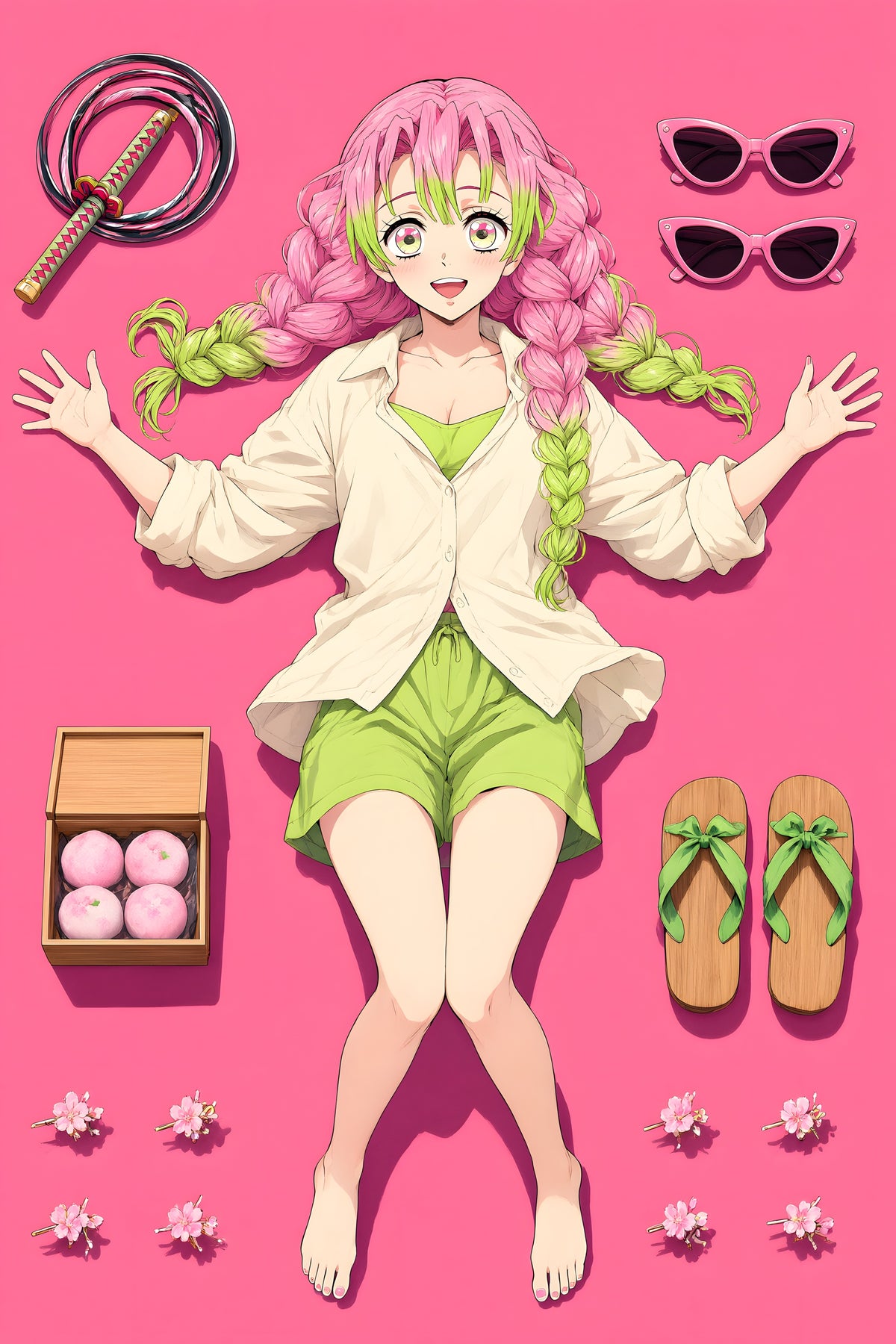 Demon Slayer Mitsuri Pink Flatlay Editorial Anime Poster — raw