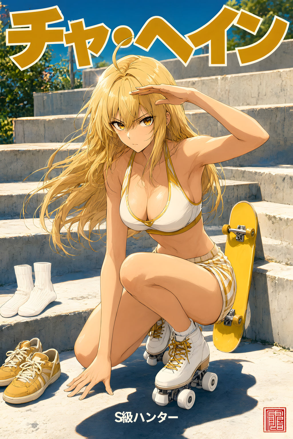 Solo Leveling Cha Hae-In Golden Roller Skate Anime Poster — raw