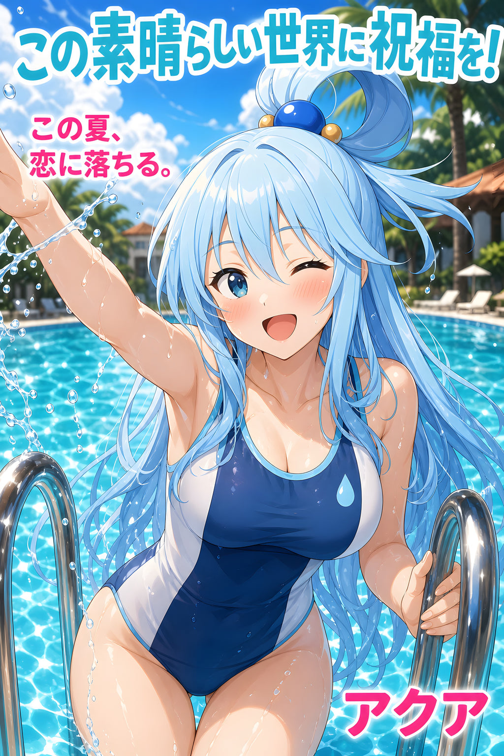 KonoSuba Aqua Blue Pool Summer Anime Poster — raw