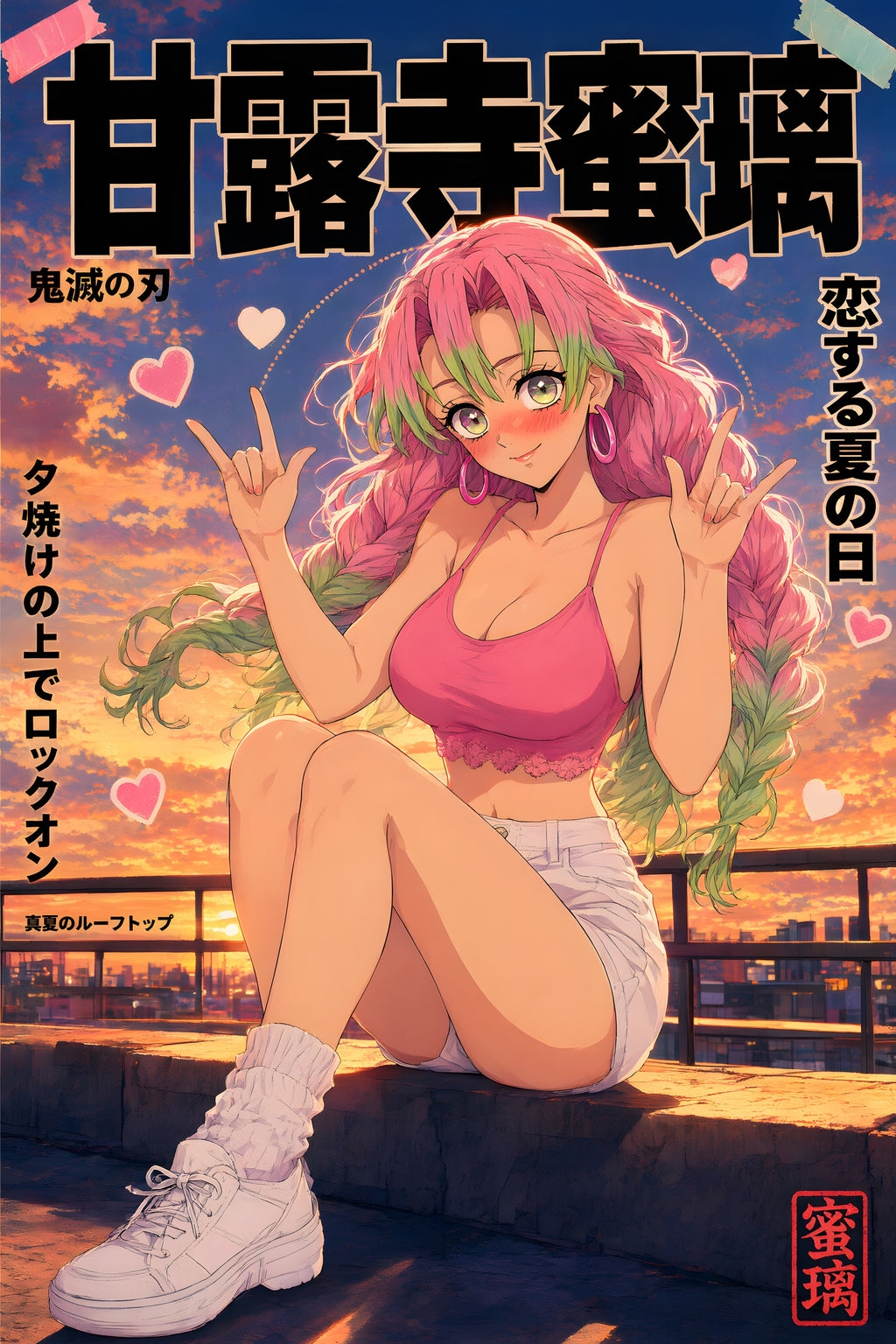 Demon Slayer Mitsuri Rooftop Peace Signs Anime Poster — raw