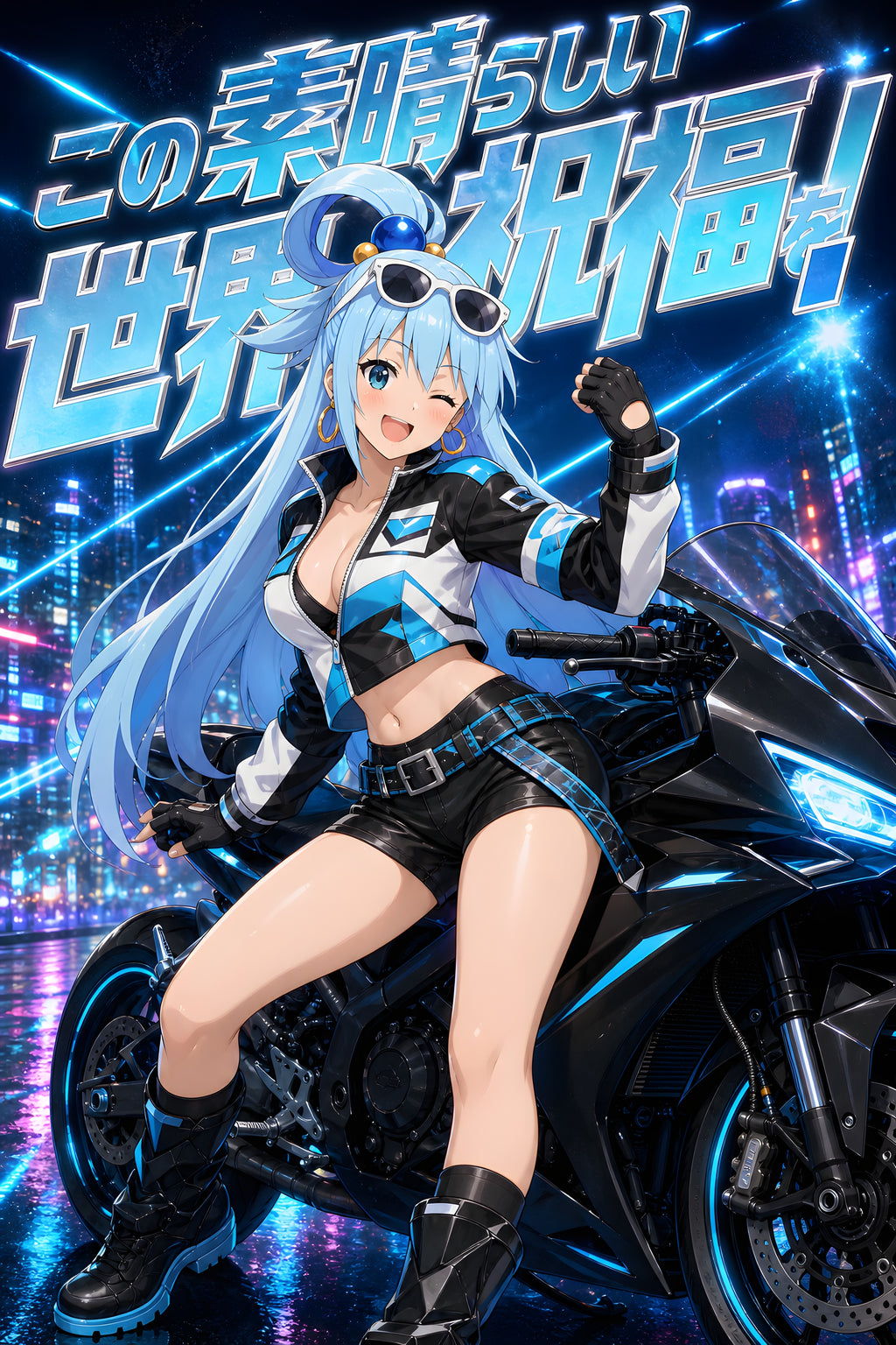 KonoSuba Aqua Neon Motorcycle Anime Poster — raw