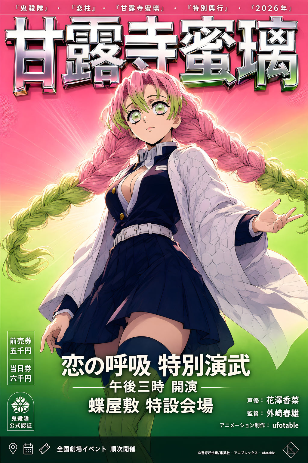 Demon Slayer Mitsuri Pink and Green Hashira Portrait Anime Poster — raw
