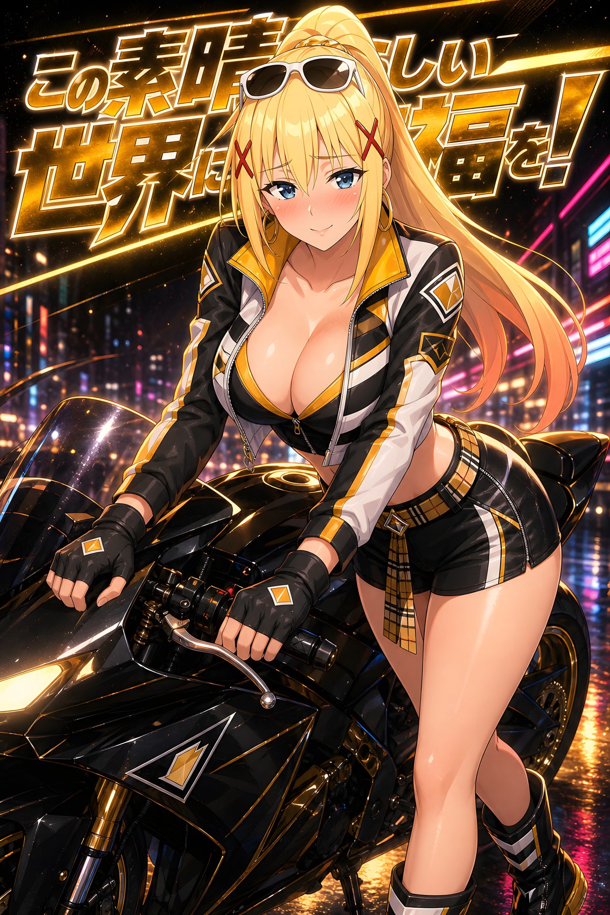 KonoSuba Darkness Black Gold Motorcycle Anime Poster — raw