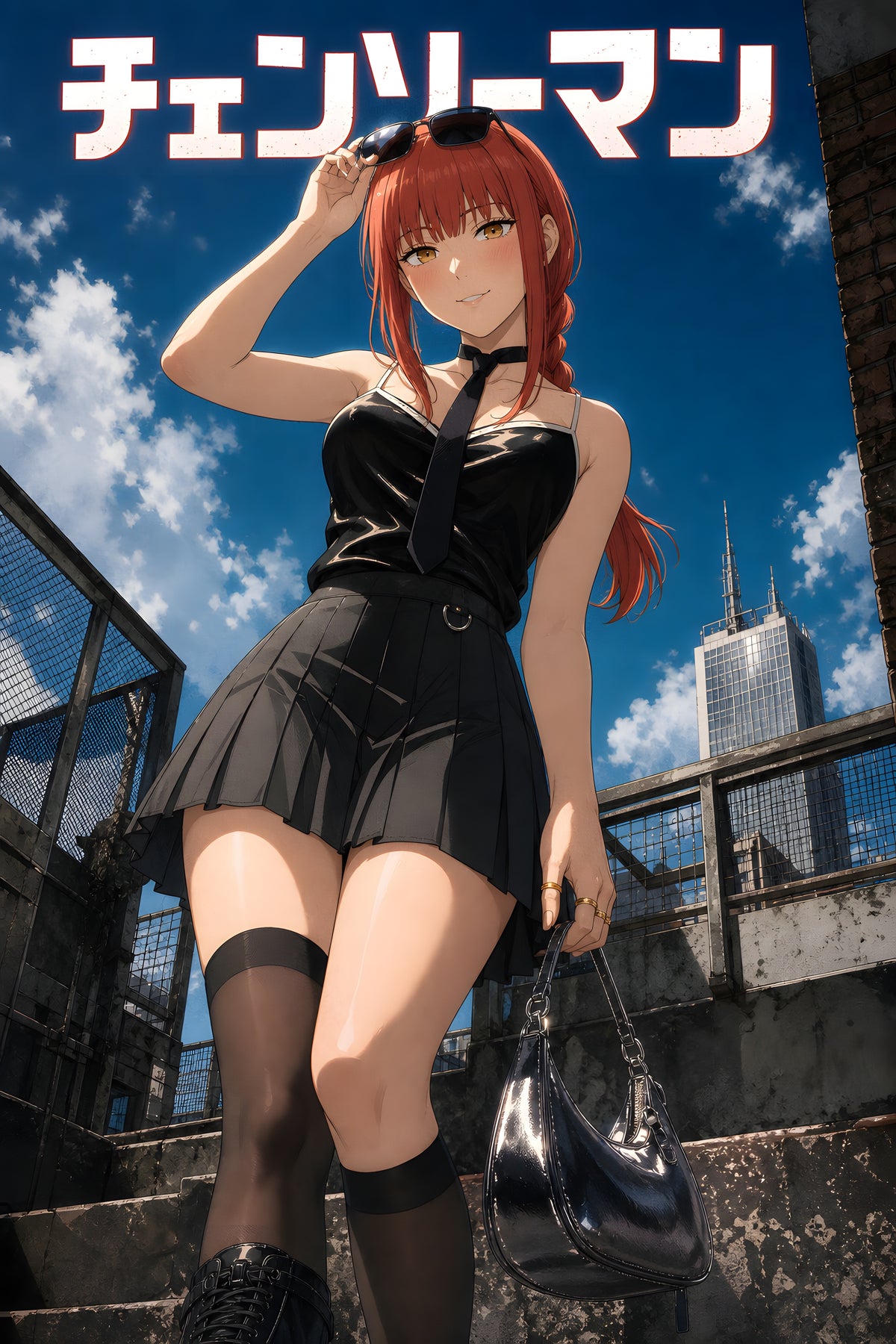 Chainsaw Man Makima Rooftop Black Dress Portrait Anime Poster — raw