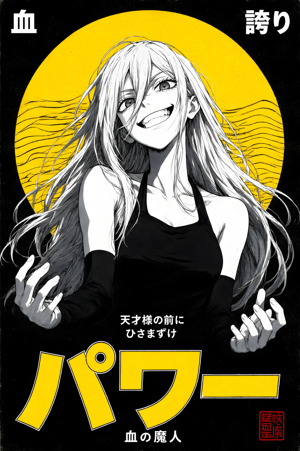 Chainsaw Man Power Monochrome Yellow Circle Portrait Anime Poster — raw
