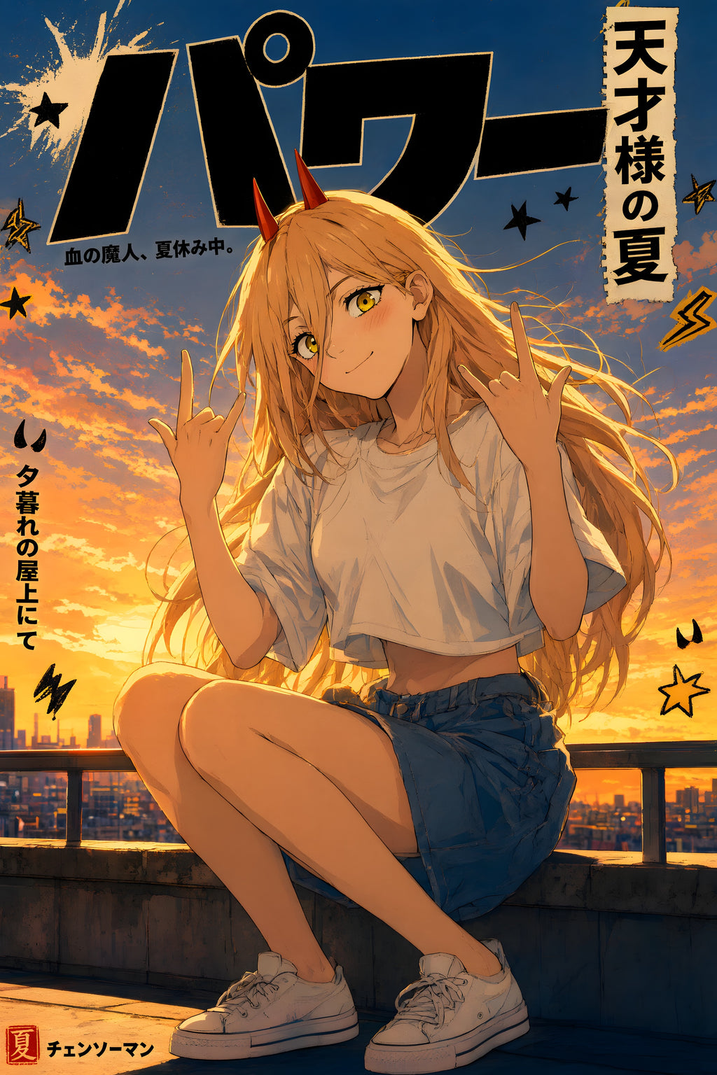Chainsaw Man Power Golden Rooftop Portrait Anime Poster — raw