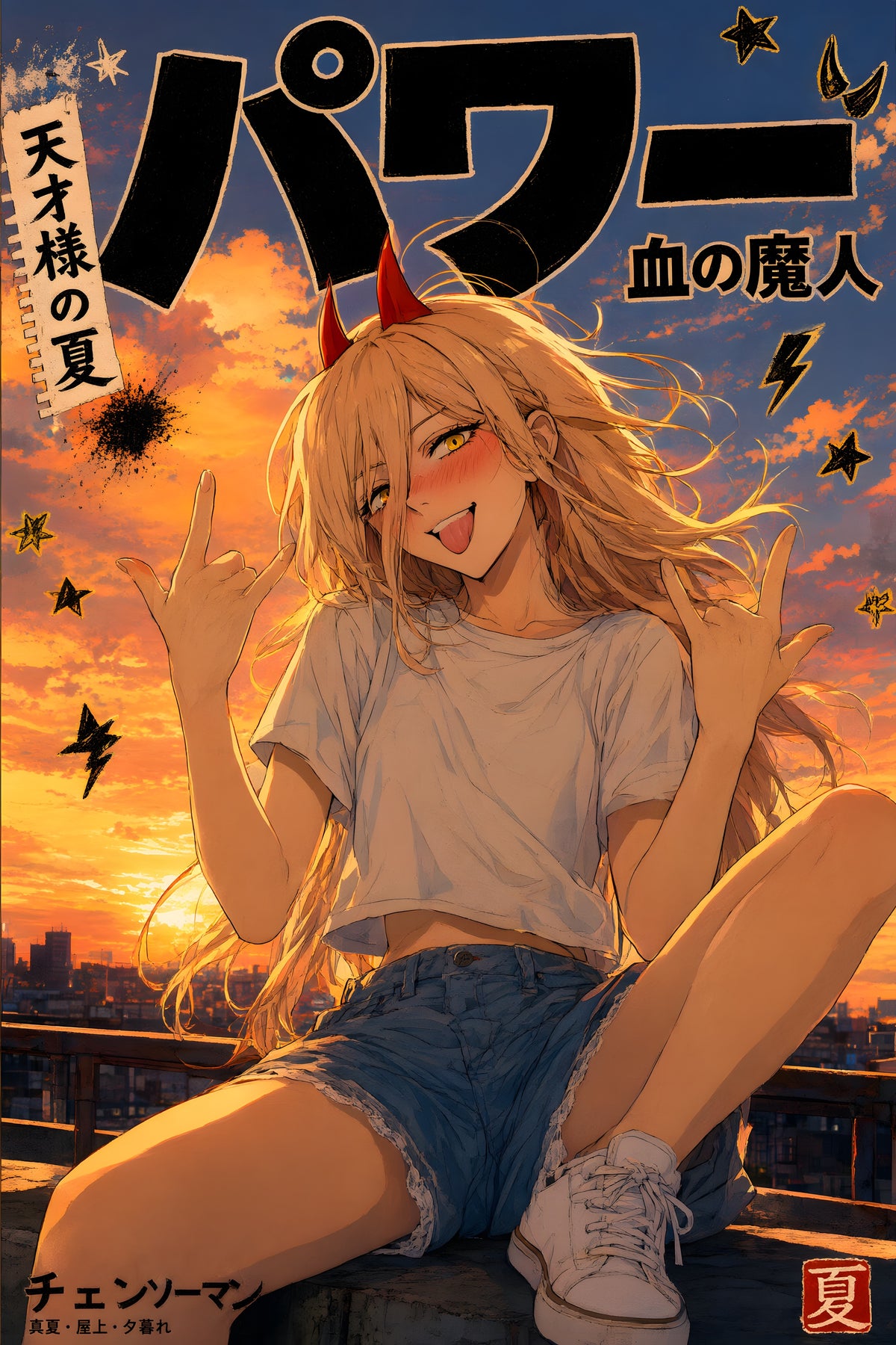 Chainsaw Man Power Sunset Double Rock Signs Anime Poster — raw