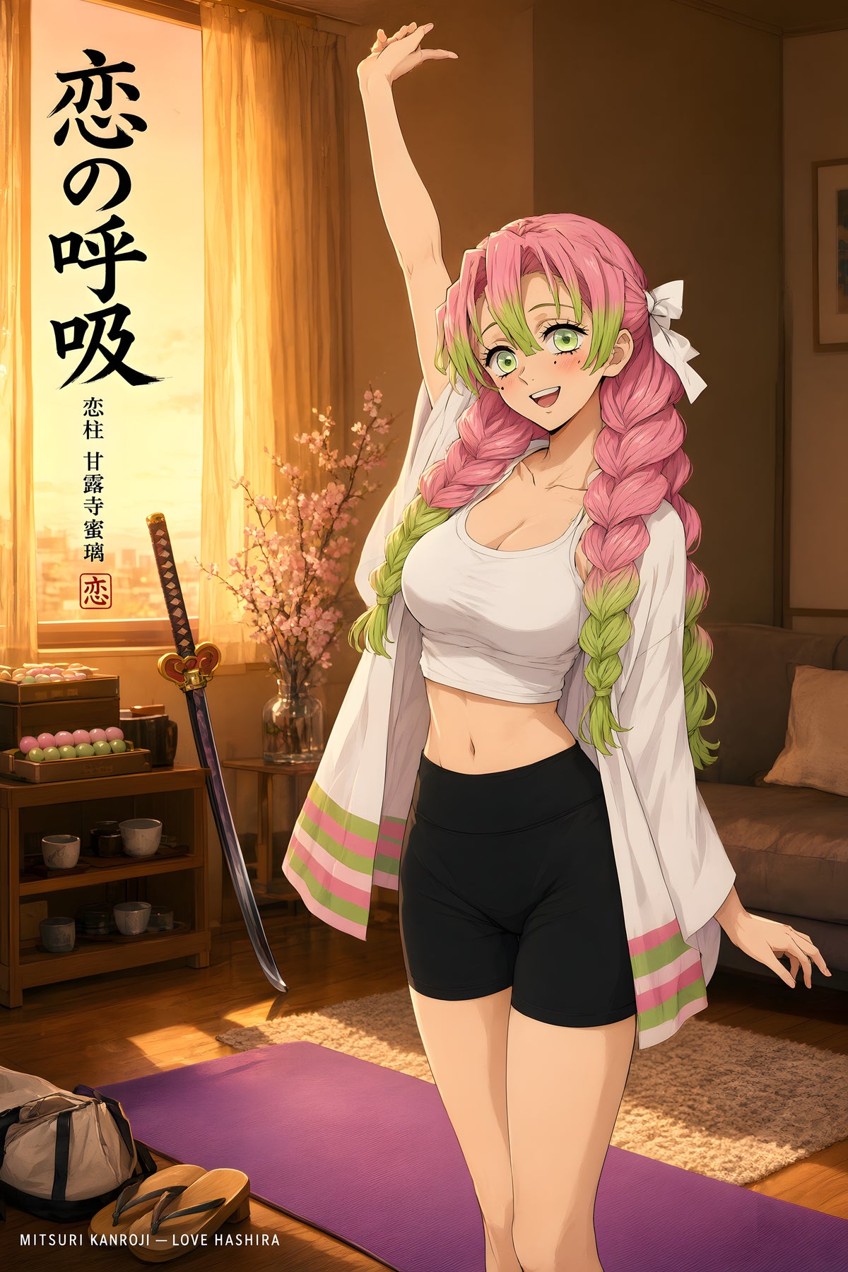 Demon Slayer Mitsuri Morning Stretch Anime Poster — raw
