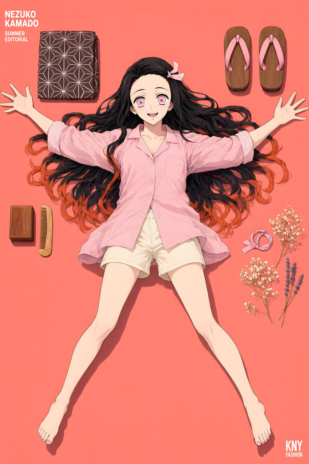Demon Slayer Nezuko Flatlay Editorial Anime Poster — raw