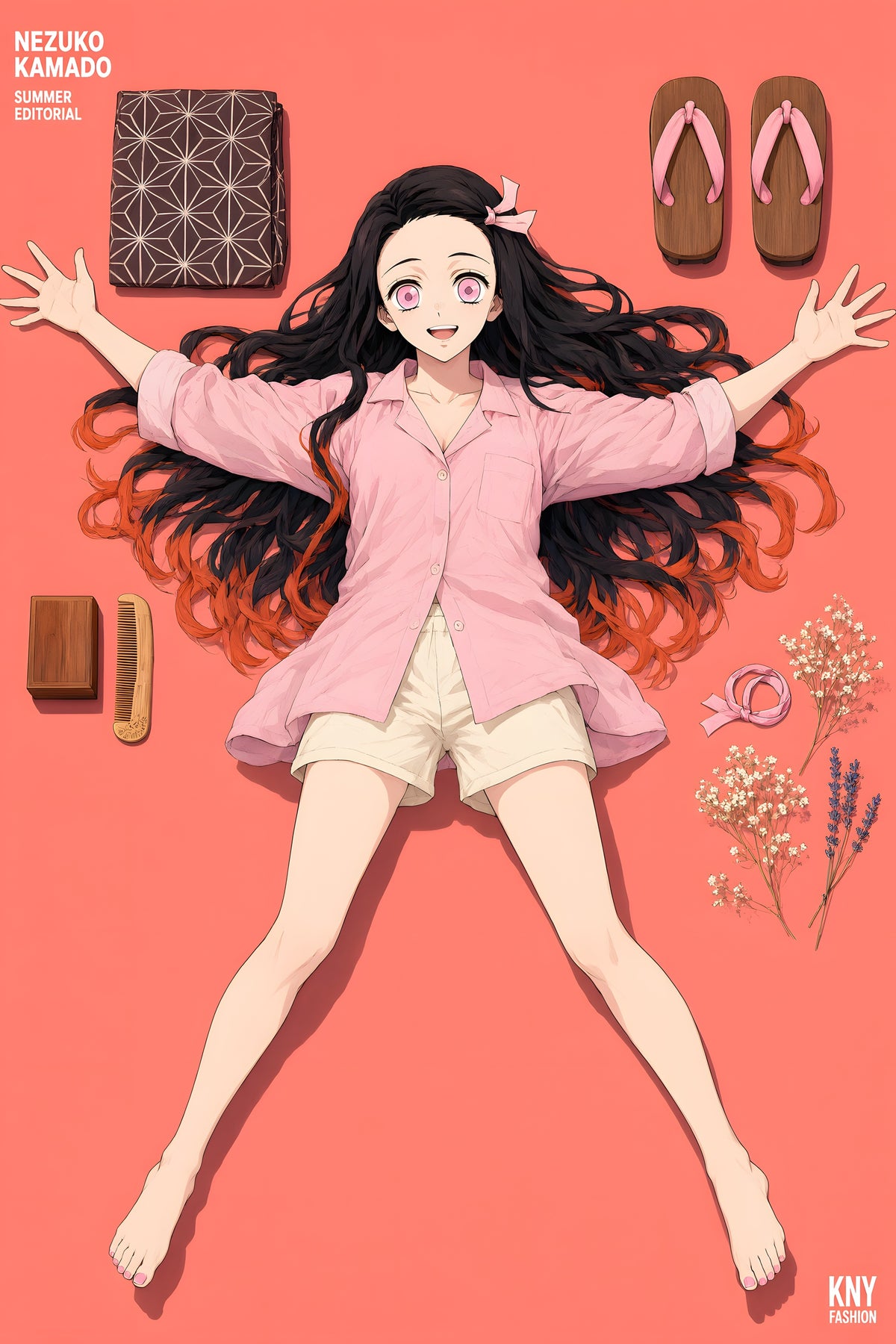 Demon Slayer Nezuko Flatlay Editorial Anime Poster — raw