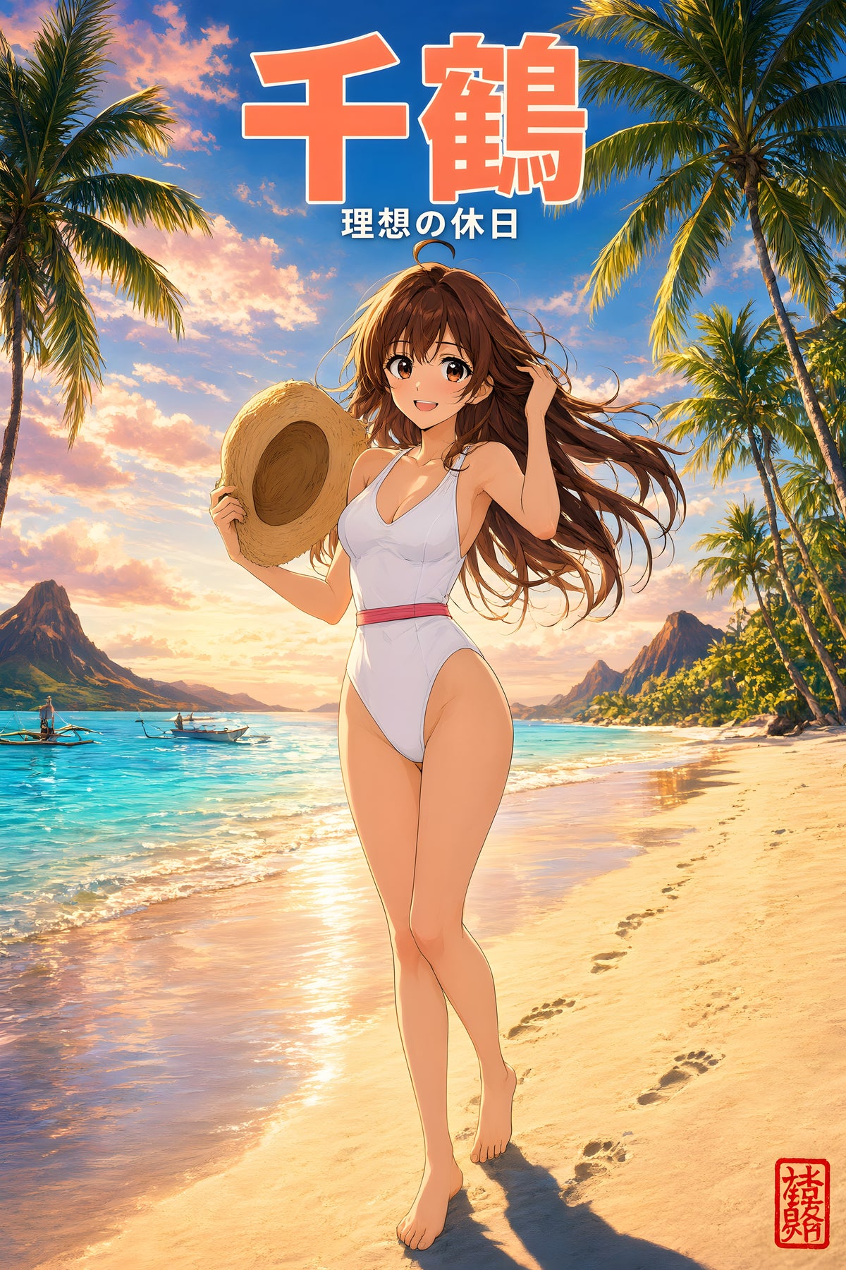 Rent-a-Girlfriend Chizuru Sunset Raised Sunhat Beach Anime Poster — raw