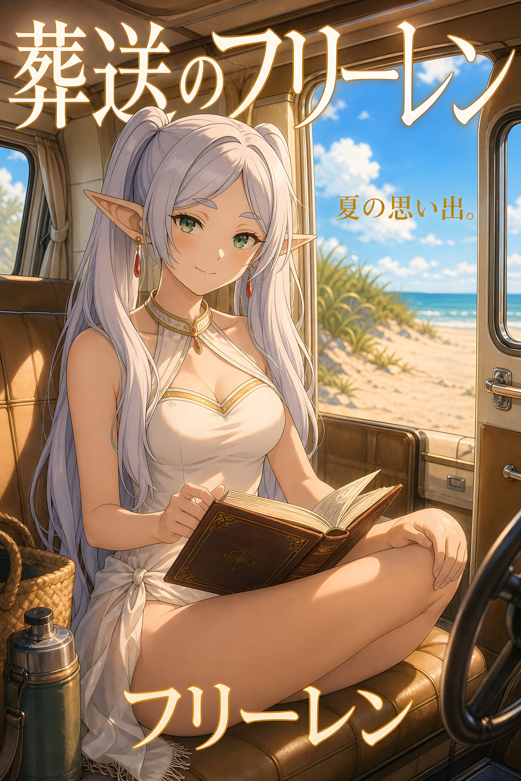 Frieren Beach Van Reading Anime Poster — raw
