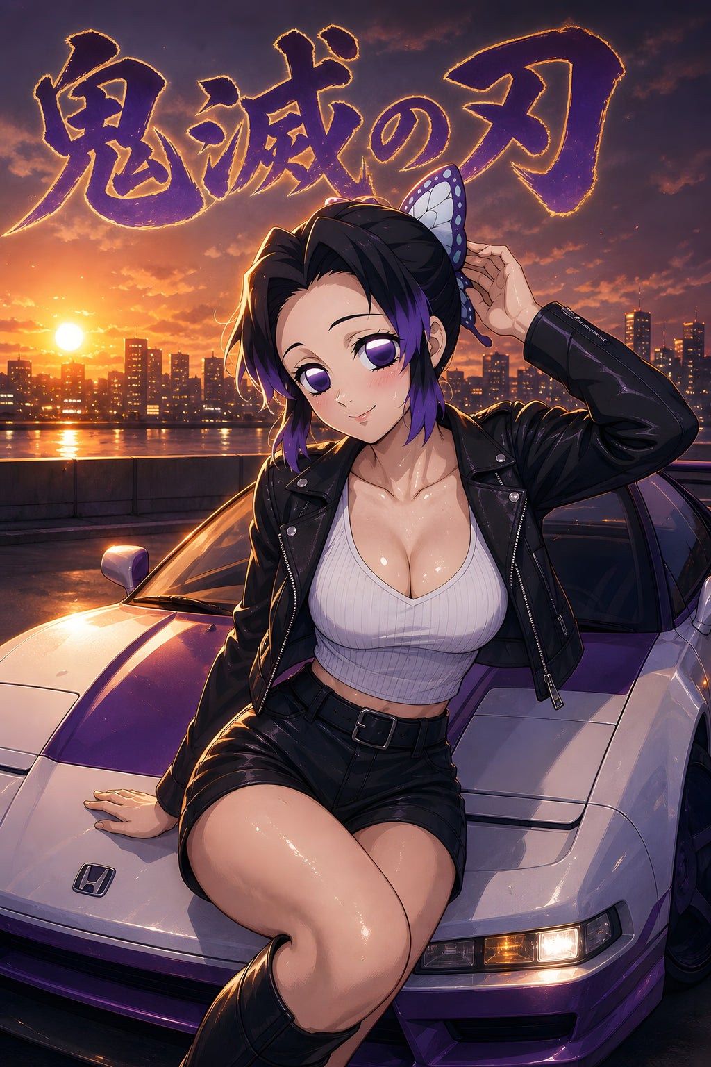 Demon Slayer Shinobu Sunset Sports Car Anime Poster — raw