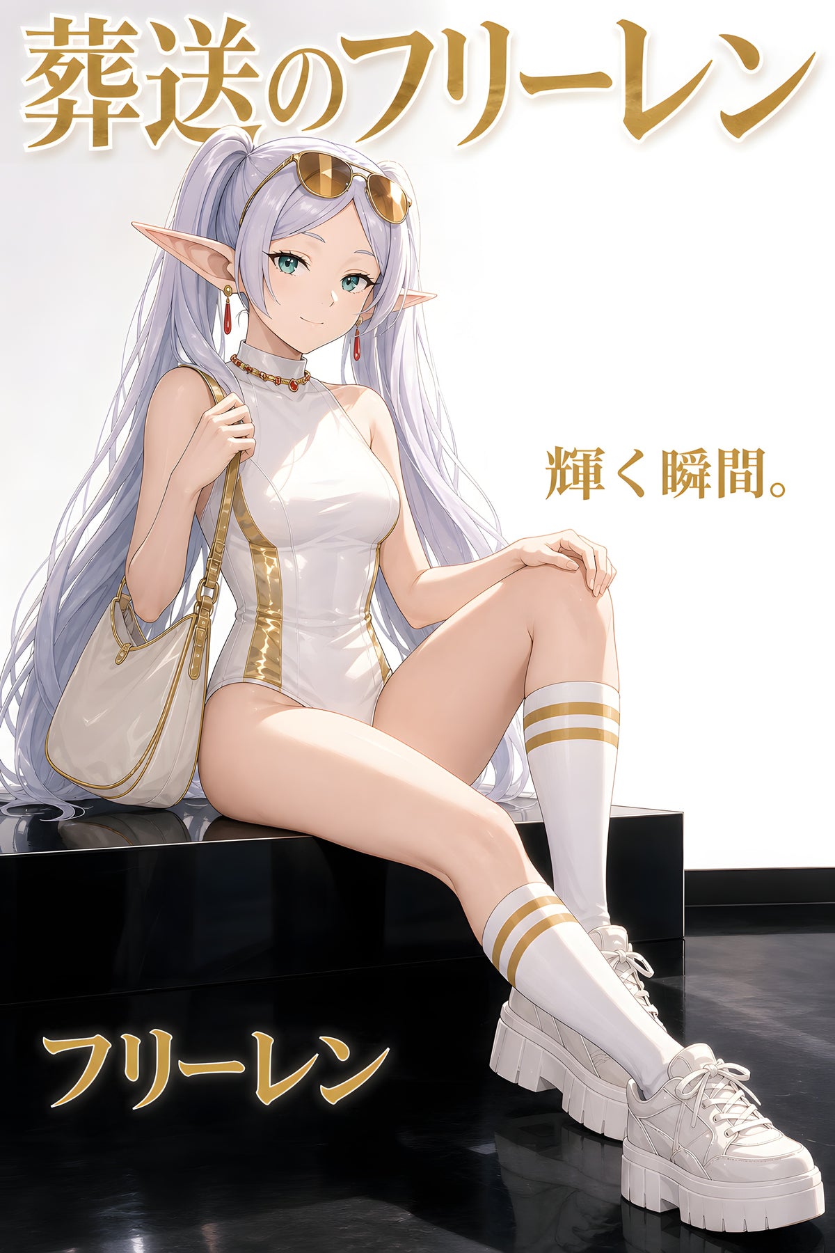 Frieren White Gold Luxe Fashion Anime Poster — raw