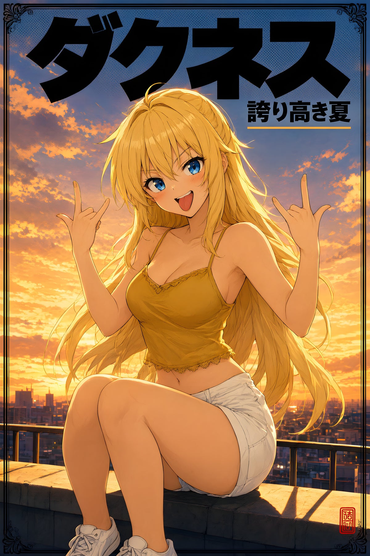 KonoSuba Darkness Sunset Rooftop Rock On Anime Poster — raw
