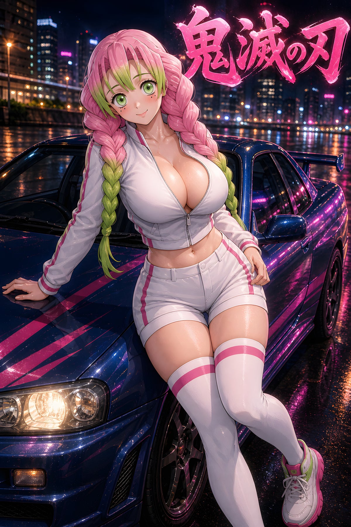 Demon Slayer Mitsuri Neon Skyline Sports Car Anime Poster — raw