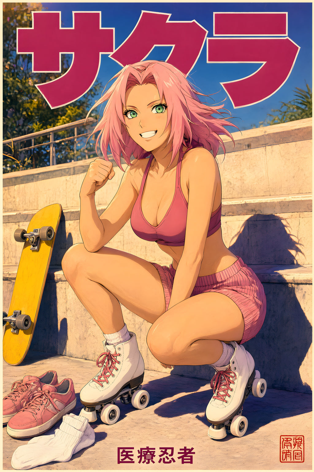 Naruto Sakura Pink Roller Skate Anime Poster — raw