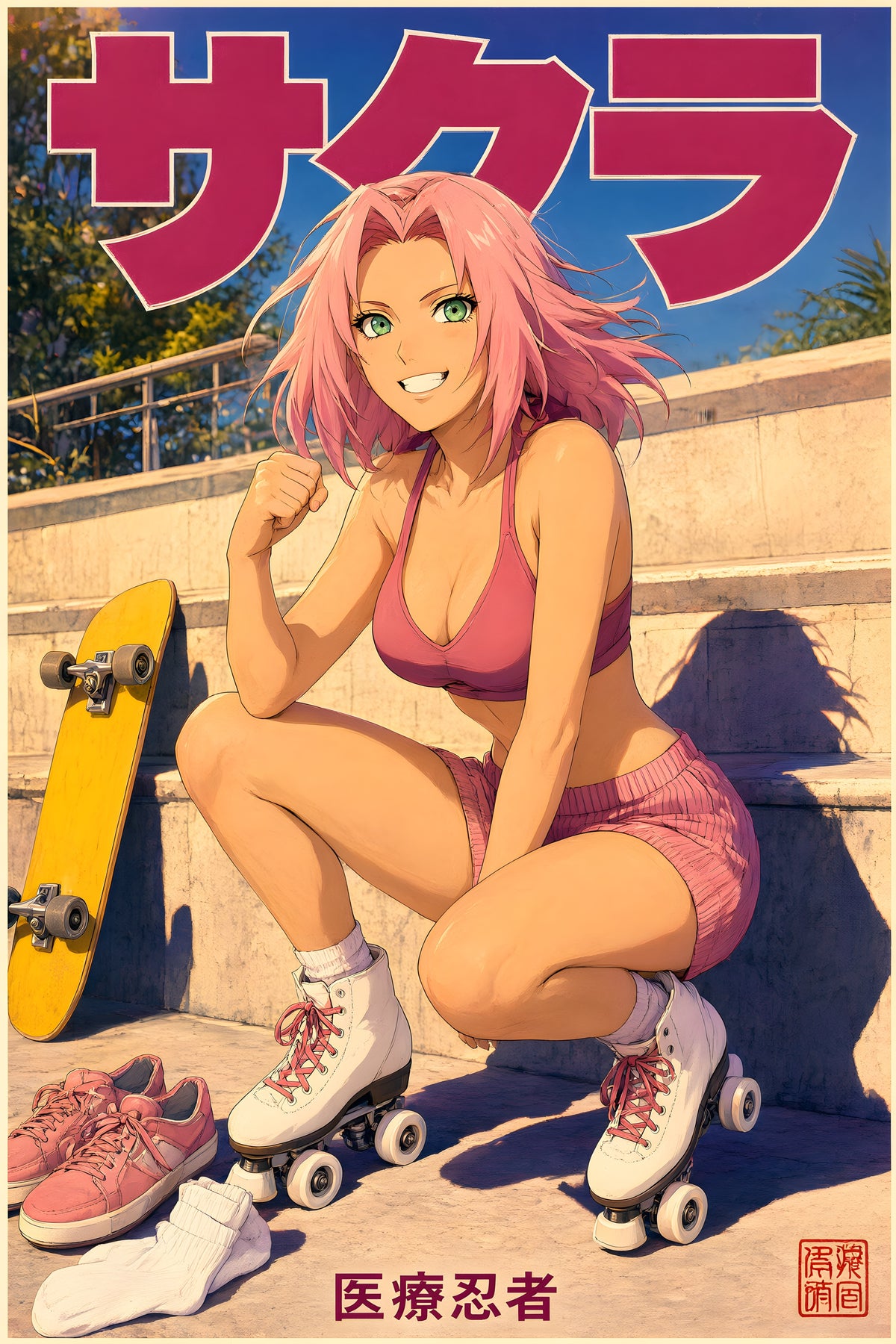 Naruto Sakura Pink Roller Skate Anime Poster — raw