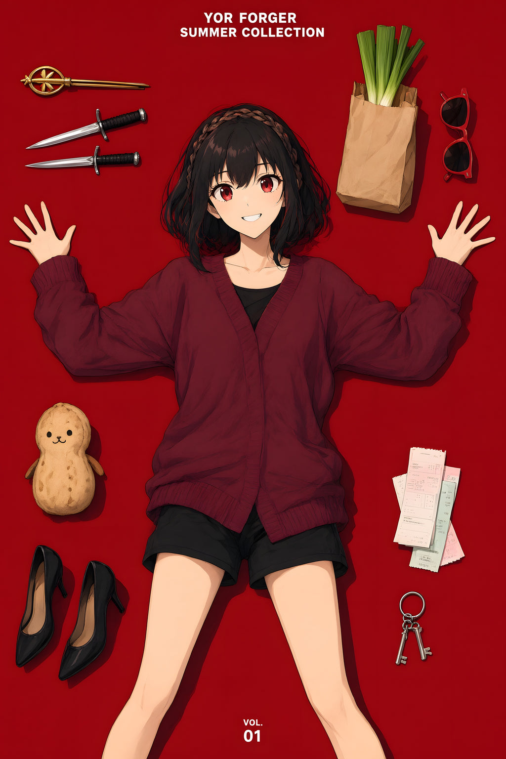Spy x Family Yor Red Flatlay Editorial Anime Poster — raw