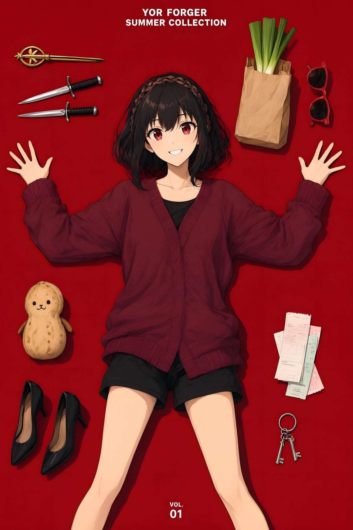 Spy x Family Yor Red Flatlay Editorial Anime Poster — raw