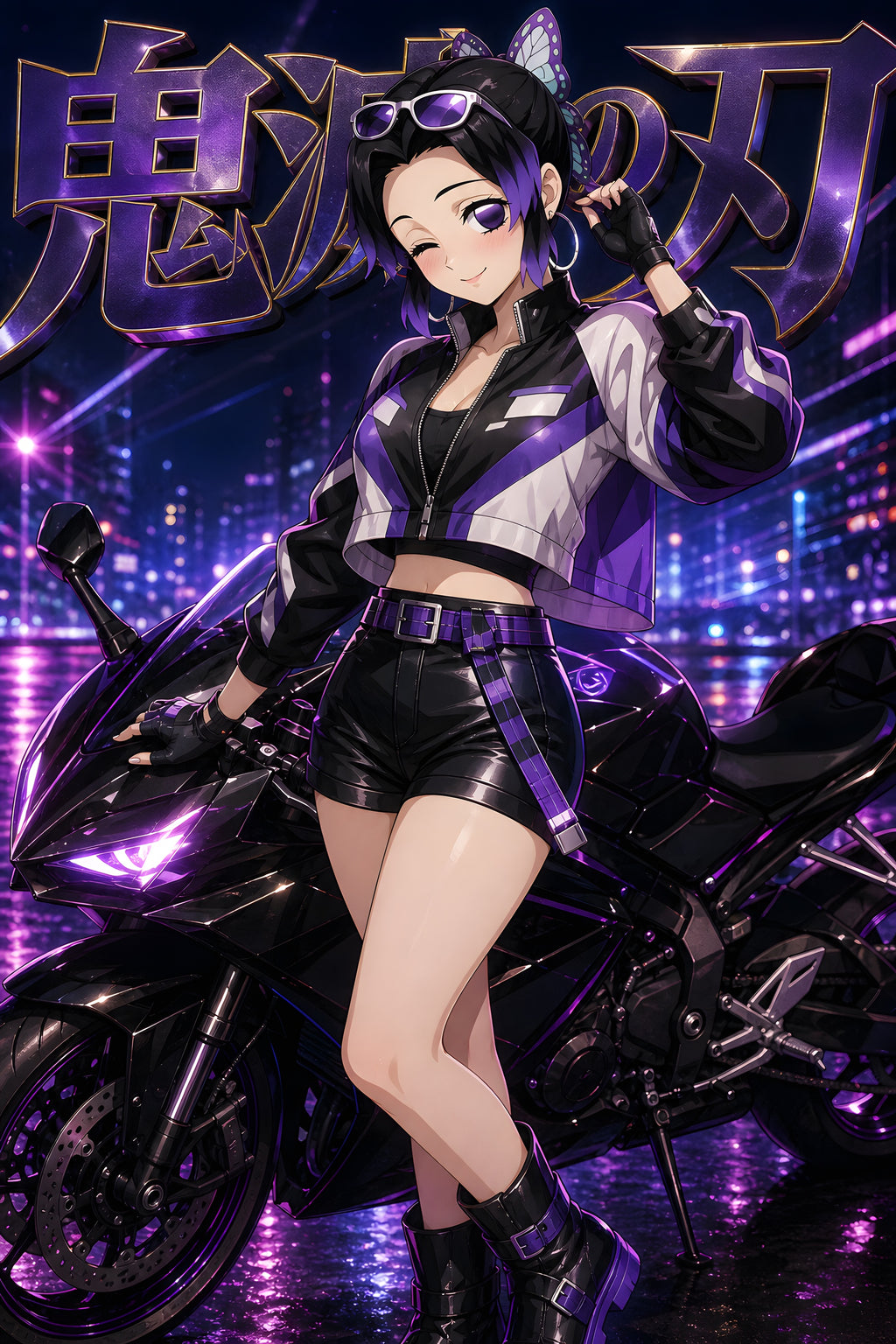 Demon Slayer Shinobu Purple Neon Motorcycle Anime Poster — raw