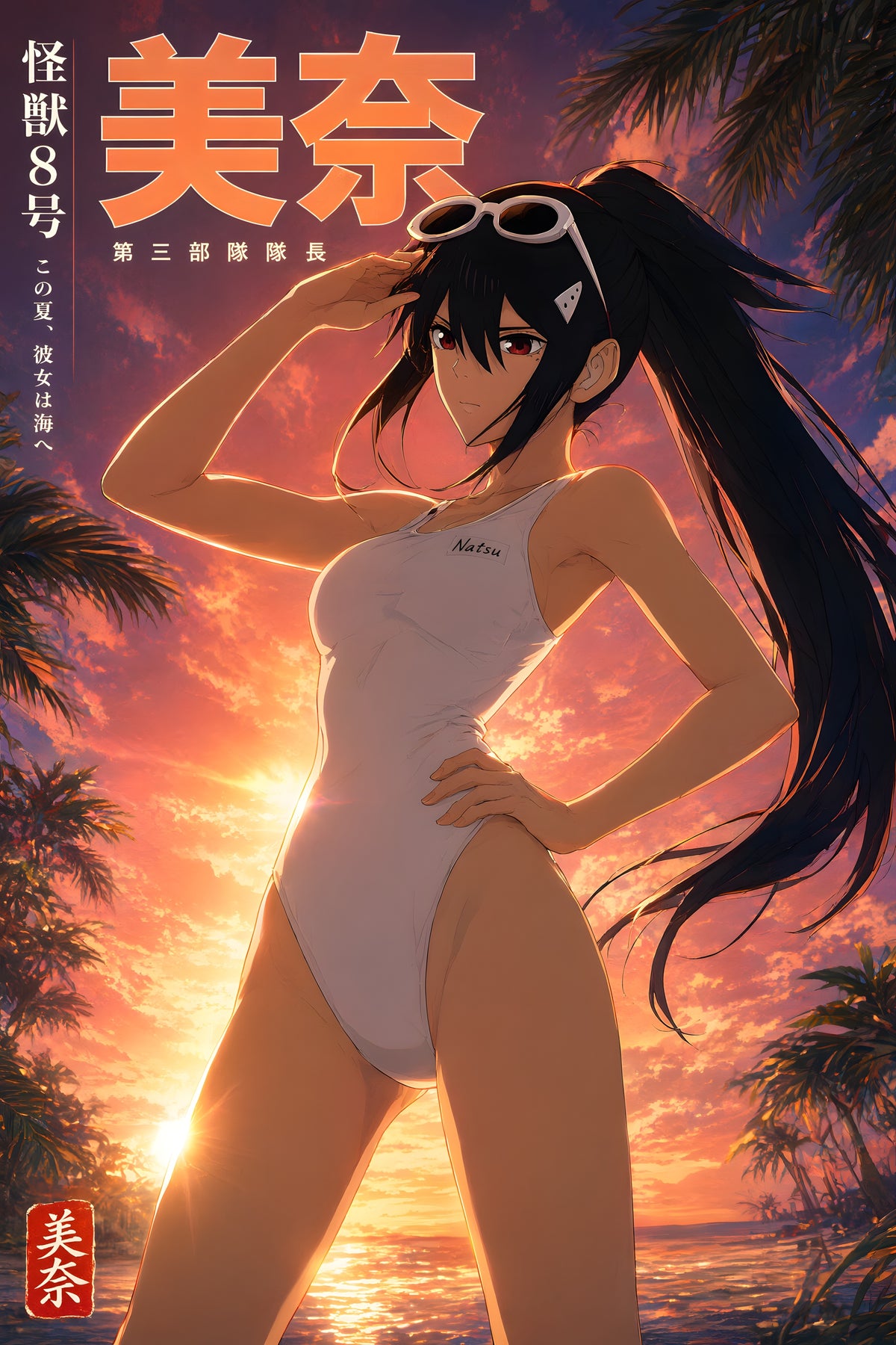 Kaiju No. 8 Mina Ashiro Tropical Sunset Swimwear Anime Poster — raw