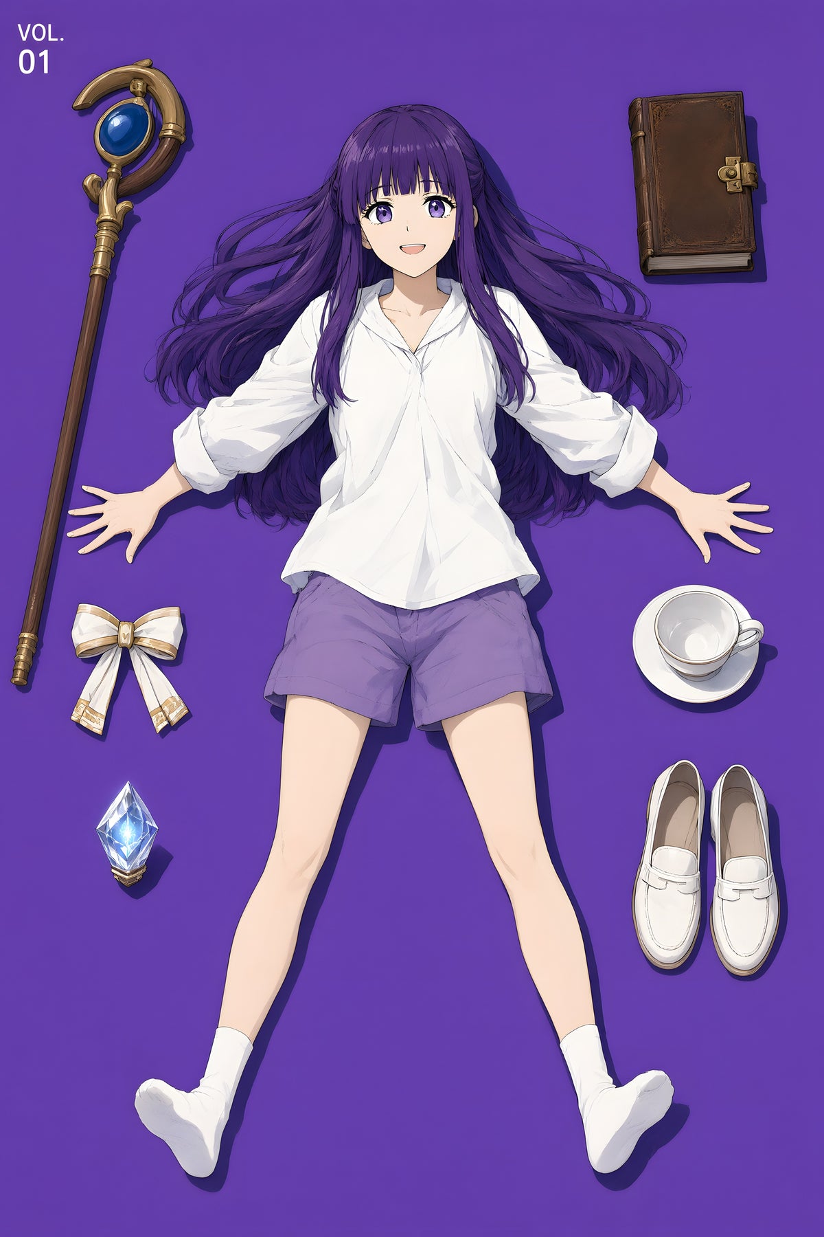 Frieren Fern Flatlay Editorial Anime Poster — raw
