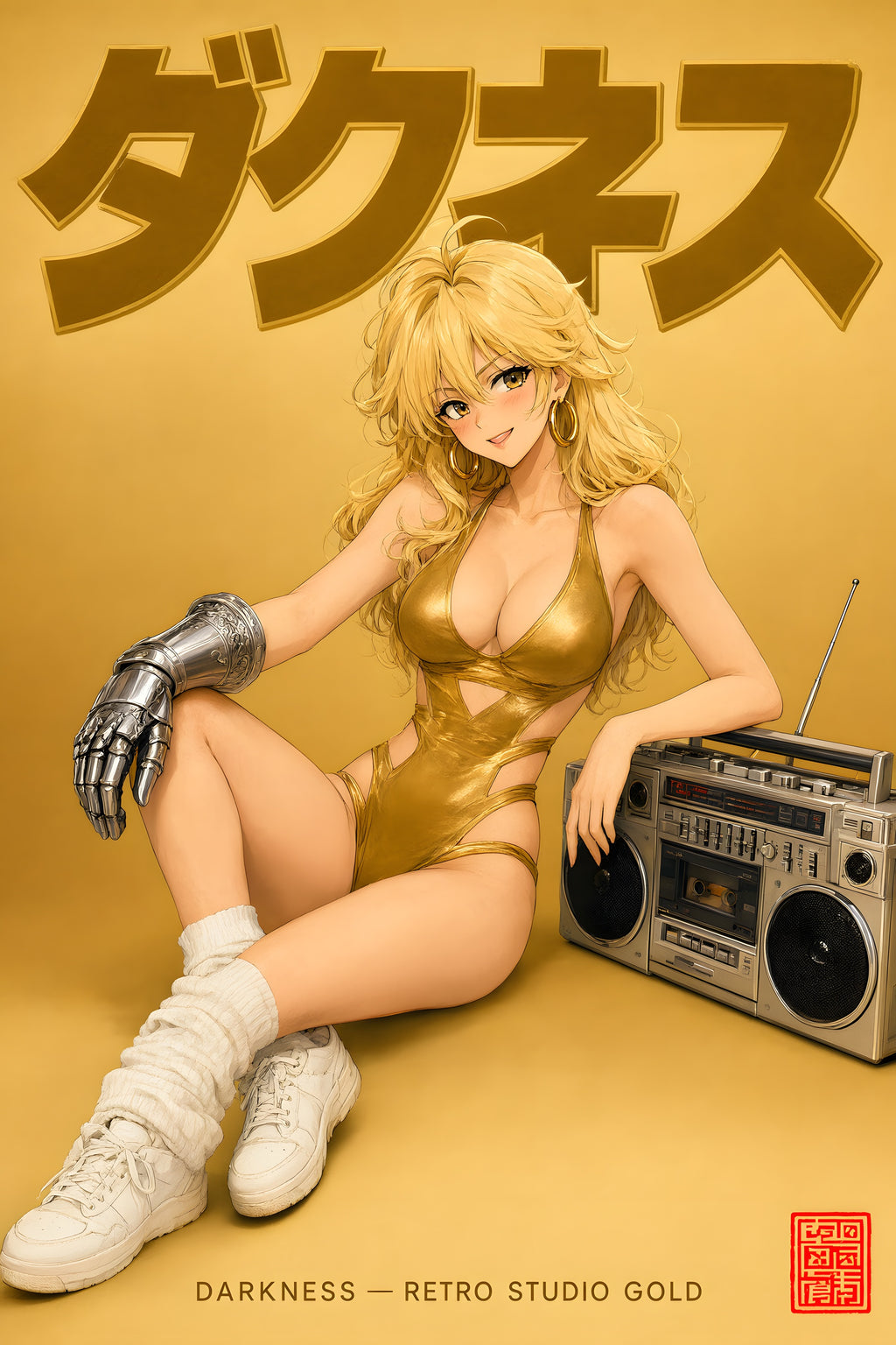 KonoSuba Darkness Retro Gold Boombox Anime Poster — raw