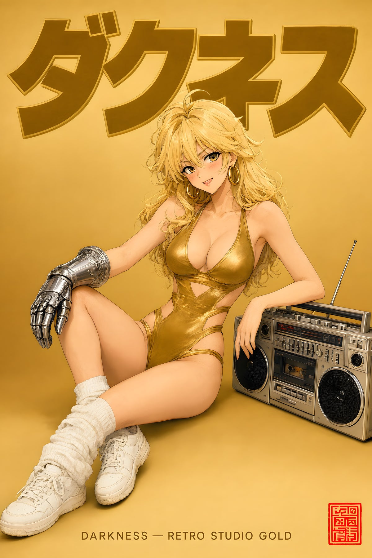 KonoSuba Darkness Retro Gold Boombox Anime Poster — raw