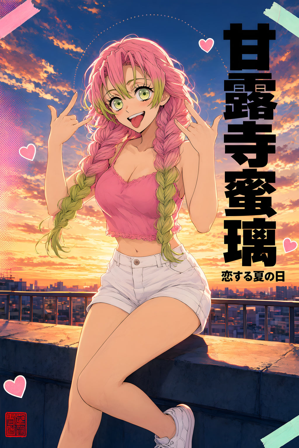 Demon Slayer Mitsuri Sunset Rooftop Rock On Anime Poster — raw