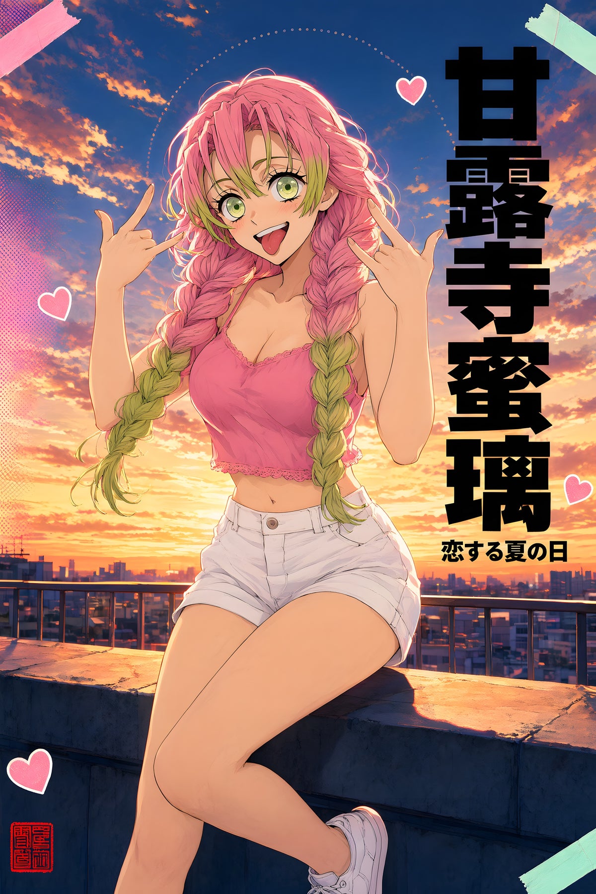 Demon Slayer Mitsuri Sunset Rooftop Rock On Anime Poster — raw