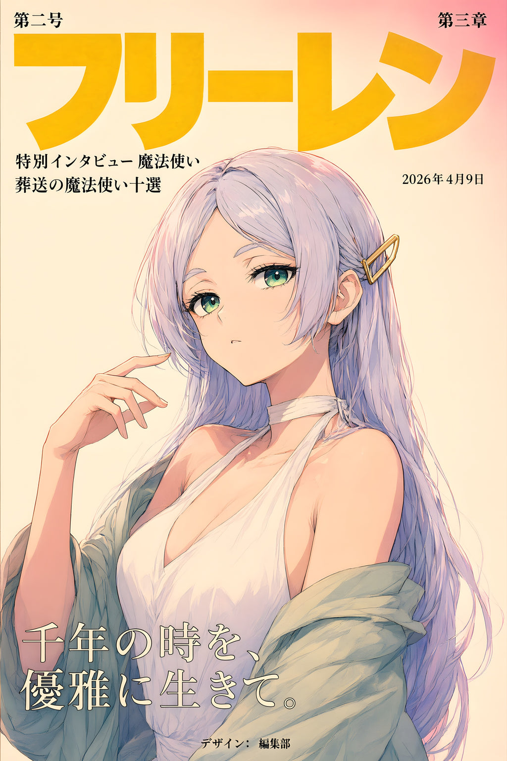 Frieren Soft Green Jacket Magazine Portrait Anime Poster — raw