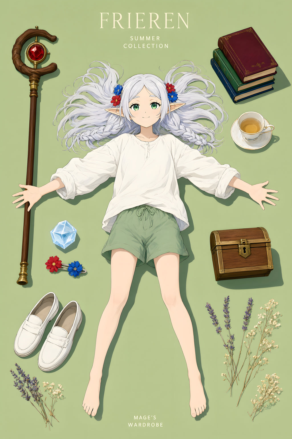 Frieren Mage Essentials Flatlay Anime Poster — raw