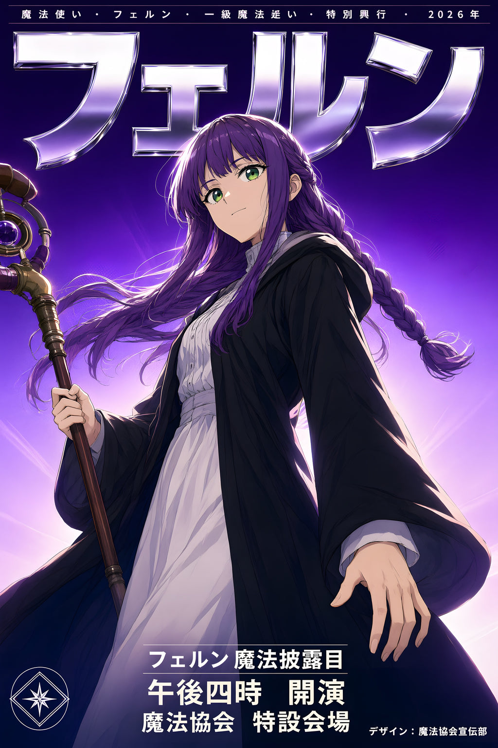 Frieren Fern Purple Chrome Portrait Anime Poster — raw