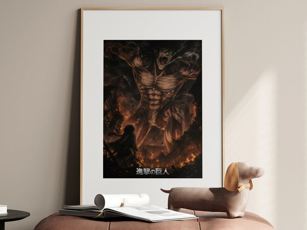 Eren Attack on Titan framed poster displayed above a desk