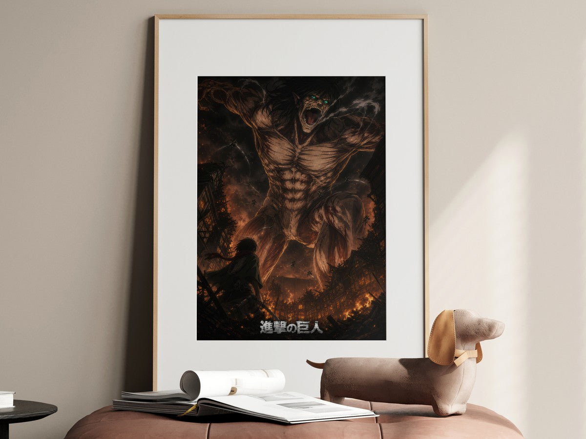 Eren Attack on Titan framed poster displayed above a desk