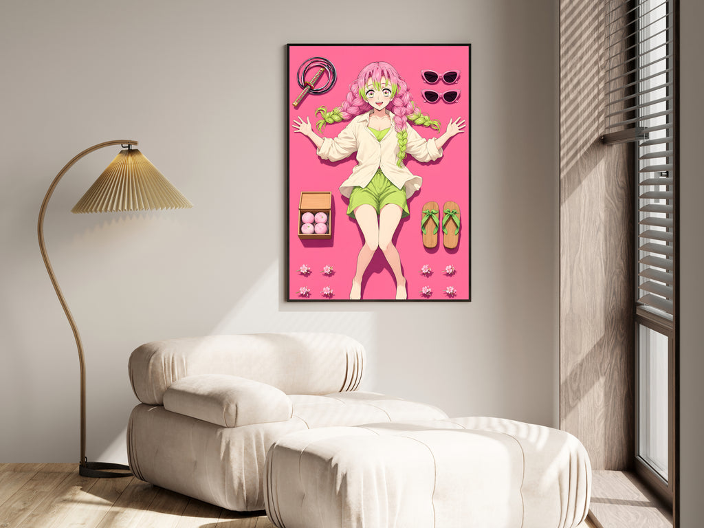 Demon Slayer Mitsuri Pink Flatlay Editorial Anime Poster — i01455