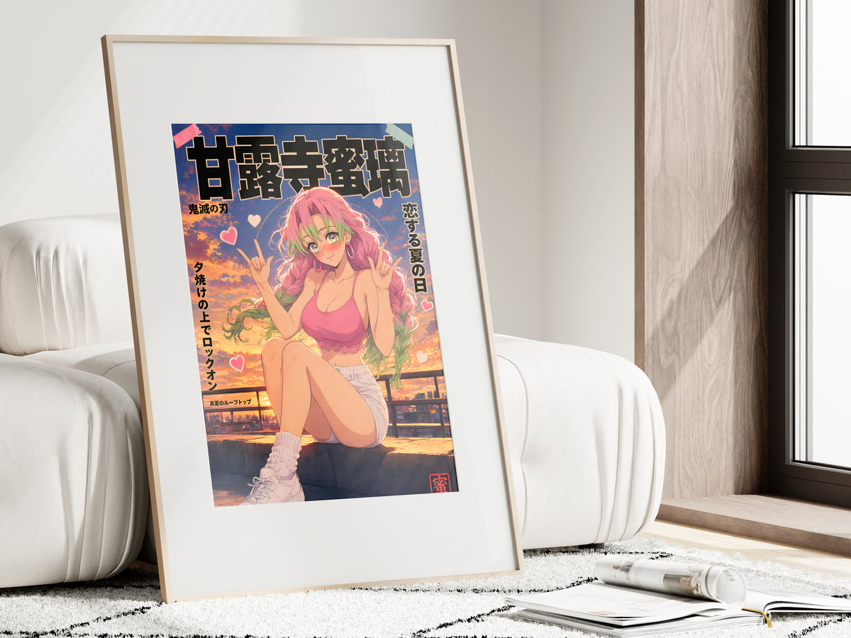 Demon Slayer Mitsuri Rooftop Peace Signs Anime Poster — i01462