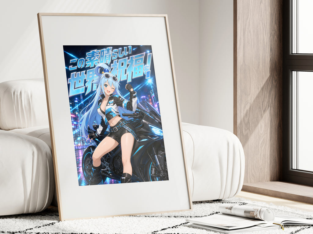 KonoSuba Aqua Neon Motorcycle Anime Poster — i01462
