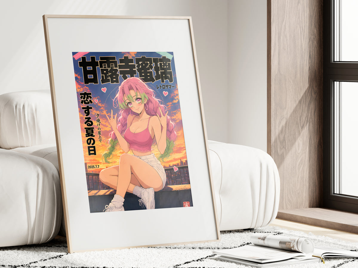 Demon Slayer Mitsuri Golden Rooftop Portrait Anime Poster — i01462