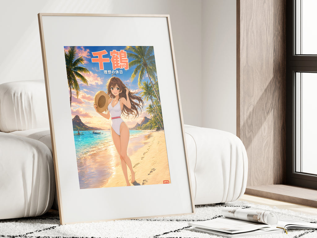 Rent-a-Girlfriend Chizuru Sunset Raised Sunhat Beach Anime Poster — i01462